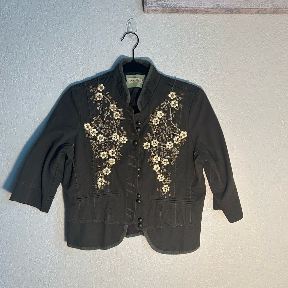 Miss Me Olive Green Floral Accent 3/4 Sleeve Jacket Size Medium ✨